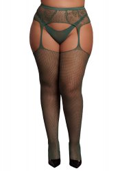 Fishnet and lace garterbelt stockings, green - Queen Size