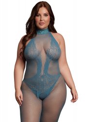 High neck fishnet and lace bodystocking, blue - Queen Size