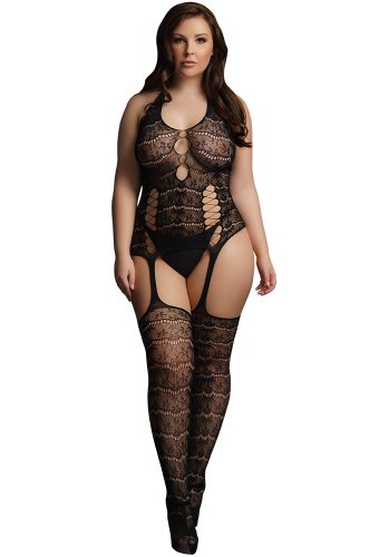 Opaque lace suspender bodystocking - Queen Size