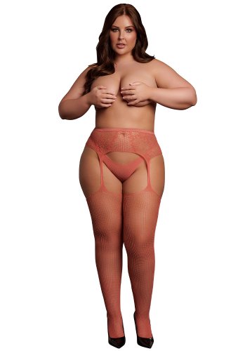 Fishnet and lace garterbelt stockings, red - Queen Size