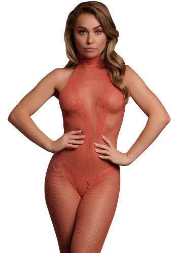 High neck fishnet and lace bodystocking, red