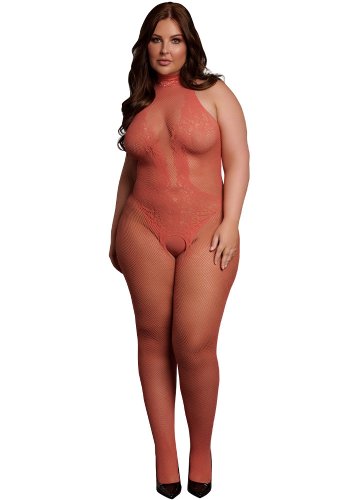 High neck fishnet and lace bodystocking, red - Queen Size