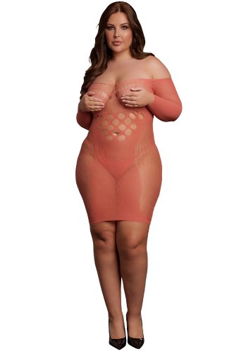 Long-Sleeved Net Mini Dress, red - Queen Size