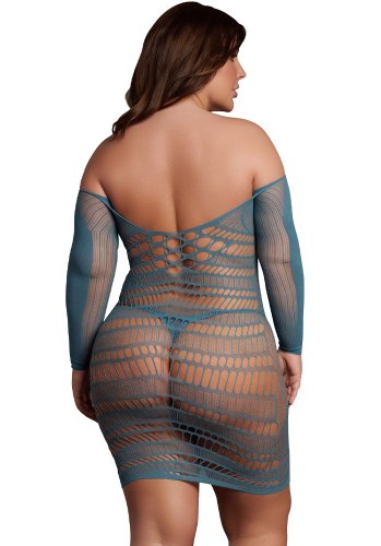 Long-Sleeved Net Mini Dress, blue - Queen Size