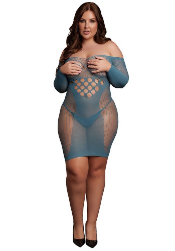 Long-Sleeved Net Mini Dress, blue - Queen Size
