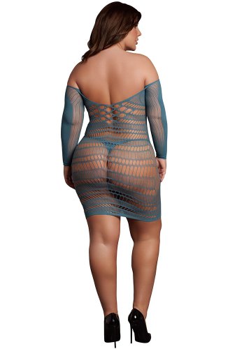 Long-Sleeved Net Mini Dress, blue - Queen Size
