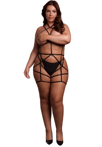 Strappy Open Cup Body Harness with Garters - Queen Size