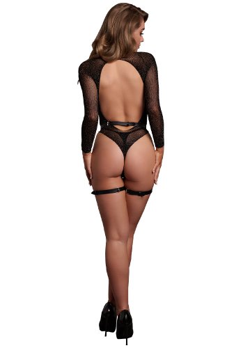 Open-Back Bodysuit with Leather Garter, Black