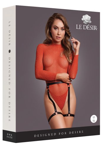 Open-Back Bodysuit with Leather Garter, Red